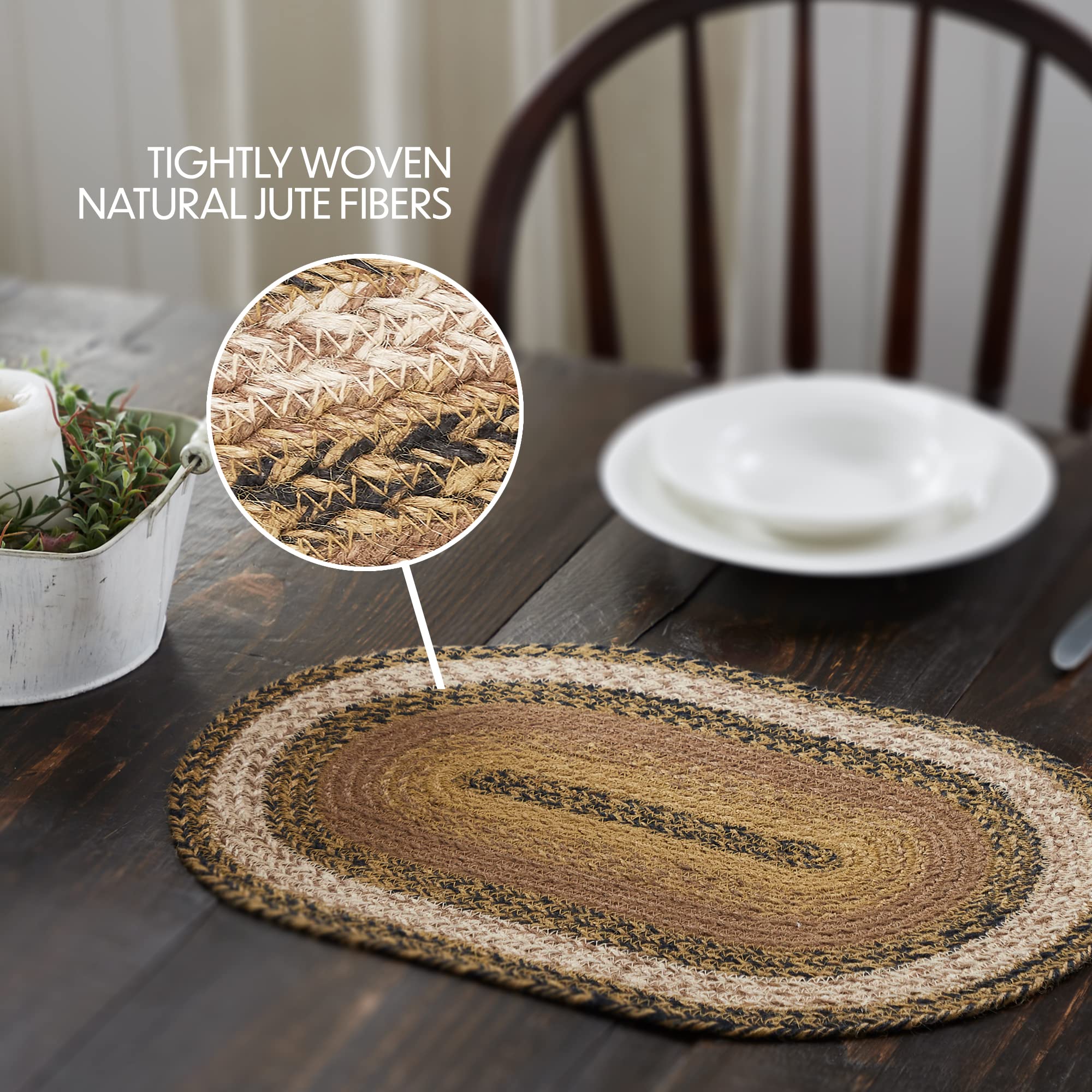 VHC Brands Kettle Grove Oval Braided Jute Placemat for Dining Table - 12x18 Inches, Tan & Black - Waterproof & Heat Resistant Table Mat for Kitchen, Restaurant, and Home Decor