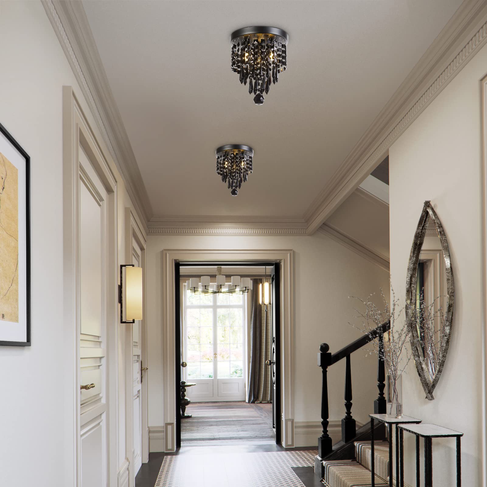 3-Light Mini Chandelier with Black Crystal - Modern Flush Mount Ceiling Light for Bedroom, Hallway, Living & Dining Room - Perfect for Home Decor, Wedding Venues and Luxury Spaces