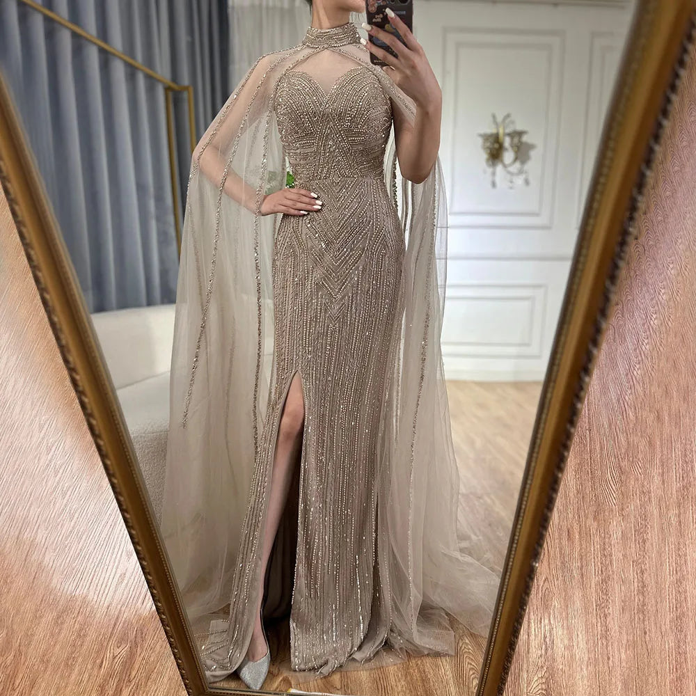 Elegant Beaded Mermaid Evening Gown with Cape Sleeves & High Slit - Serene Hill Caramel Celebrity Party Dress for Women LA72233 | Perfect for Red Carpet Events, Galas & Formal Occasions