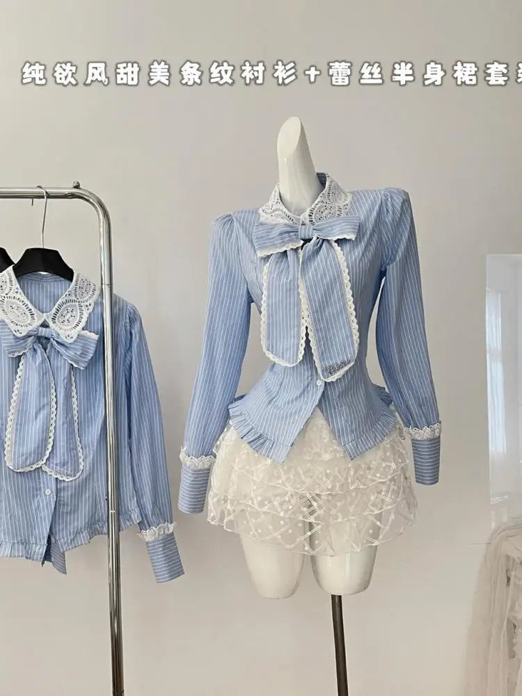 Women's Autumn 2-Piece Outfit - Blue Striped Lace Long Sleeve Lapel Blouse & High Waist Pleated Mini Skirt Set | Casual Office Wear & Date Night Outfits