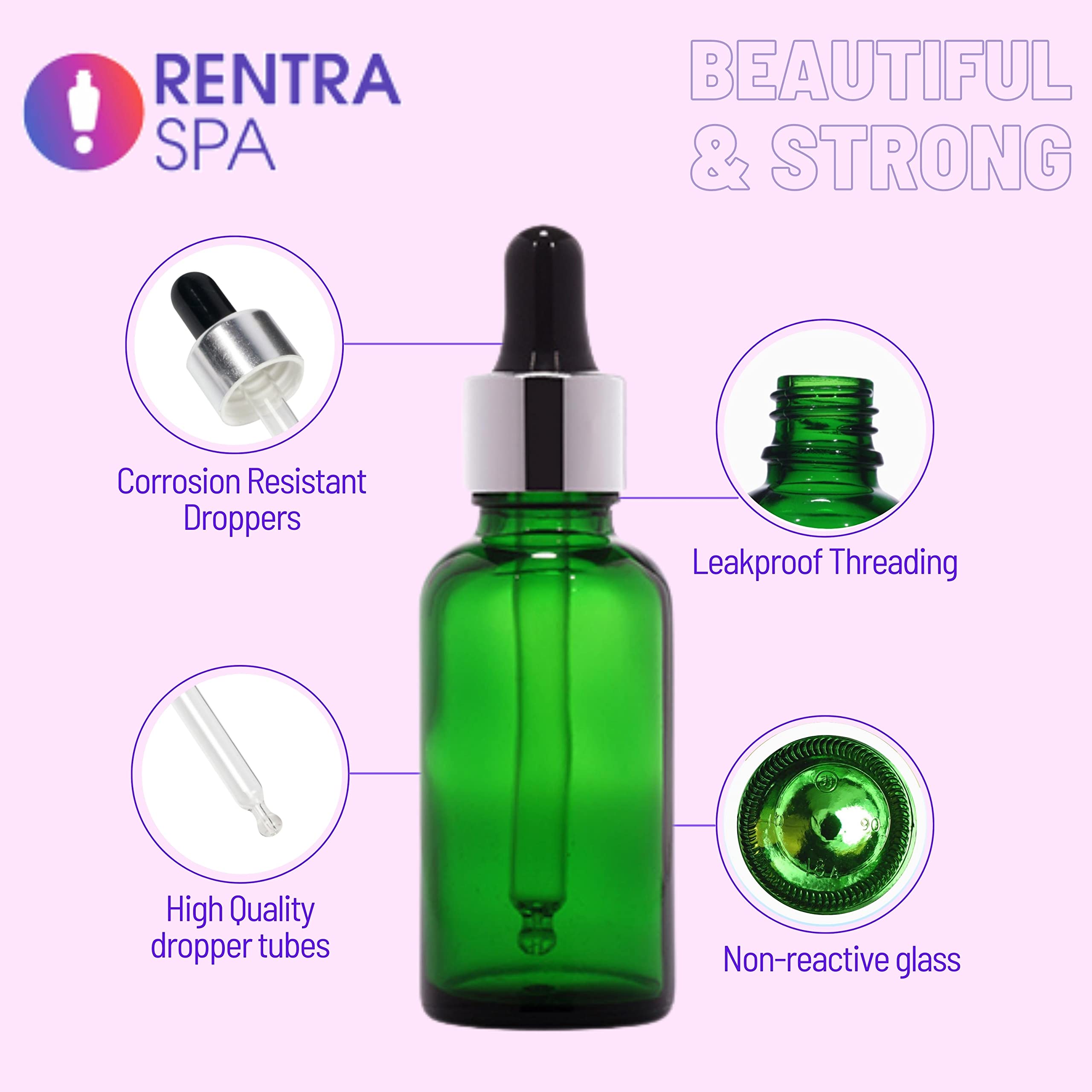 Rentra S.P.A 30ml Green Round Glass Bottle with Dropper, Silver Ring & Black Silicone Teat - Perfect for Essential Oils, DIY Skincare & Liquid Storage