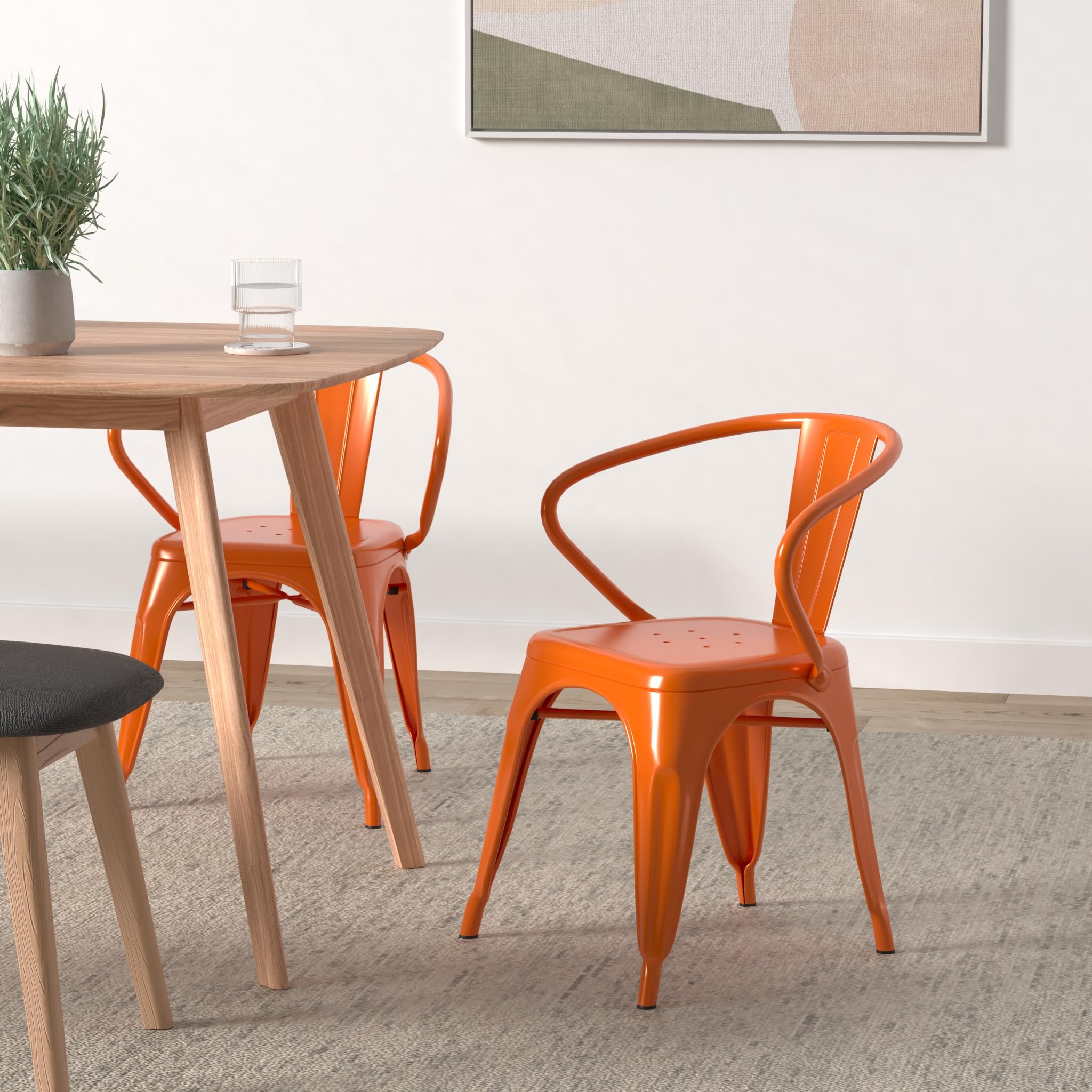 Flash Furniture Roy Commercial Grade 4-Pack Orange Metal Indoor-Outdoor Arm Chairs - Durable Stackable Seating for Restaurants, Patios, Cafes & Events