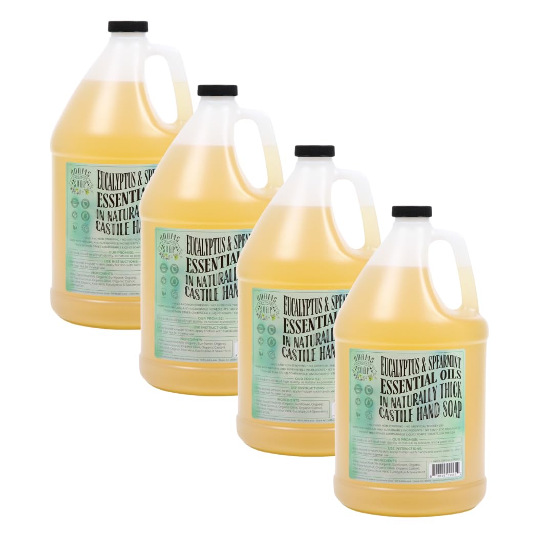 Adams Handmade Thick Castile Liquid Hand Soap Refill - 1 Gallon, Eucalyptus Spearmint Scent, Pack of 4 | Natural, Organic, Vegan | Perfect for Home, Spa, and Commercial Use