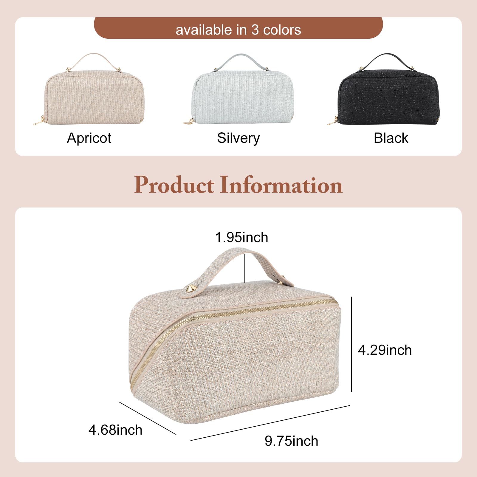 Sparkly Glitter Cosmetic Bag for Women - Large Capacity Travel Makeup Organizer with Handle, Perfect for Toiletries & Weekend Getaways (Apricot)
