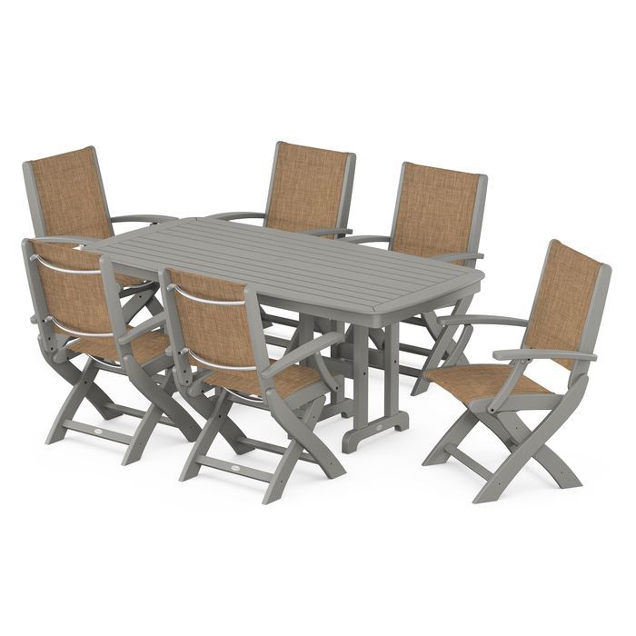 POLYWOOD Coastal Folding Arm Chair 7-Piece Outdoor Dining Set - Perfect for Patio, Deck, Poolside & Beachfront Entertaining