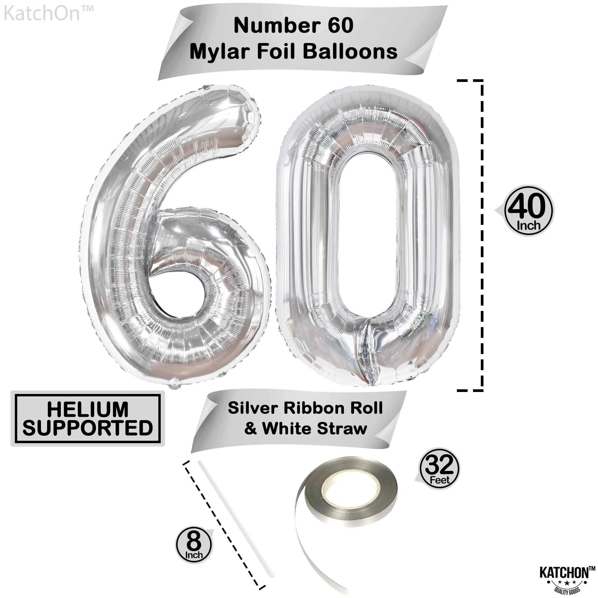 KatchOn 40 Inch Large Silver 60 Number Balloons - 60th Birthday Party Decorations, Anniversary Celebration Balloons for Backdrop, Photo Booth & Milestone Events