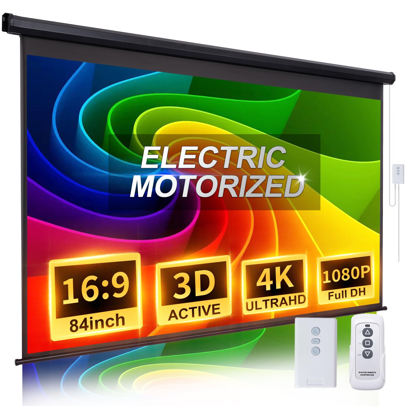 84 Inch Motorized Projector Screen 16:9 HD Electric Pull Down with Remote - Automatic Ceiling/Wall Mount for Indoor & Outdoor Movies, Home Theater, Presentations & Gaming (Black)