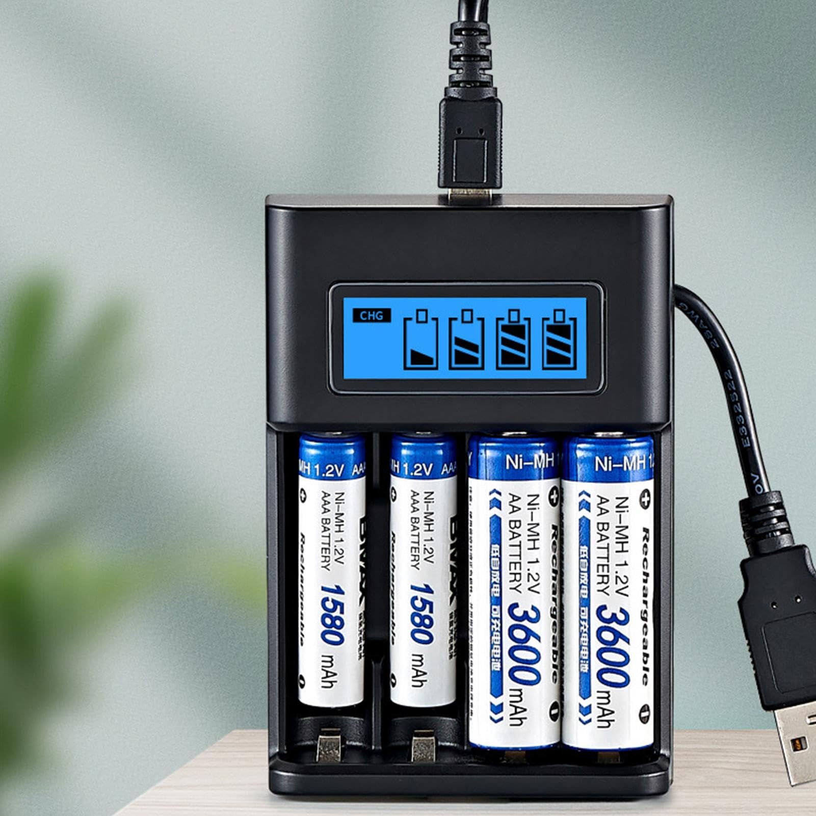 4-Slot USB AA AAA Battery Charger with Smart LCD Display - Fast Charging for 1.2V NiMH Rechargeable Batteries - Perfect for Cameras, Toys, Remote Controls & Electronic Devices
