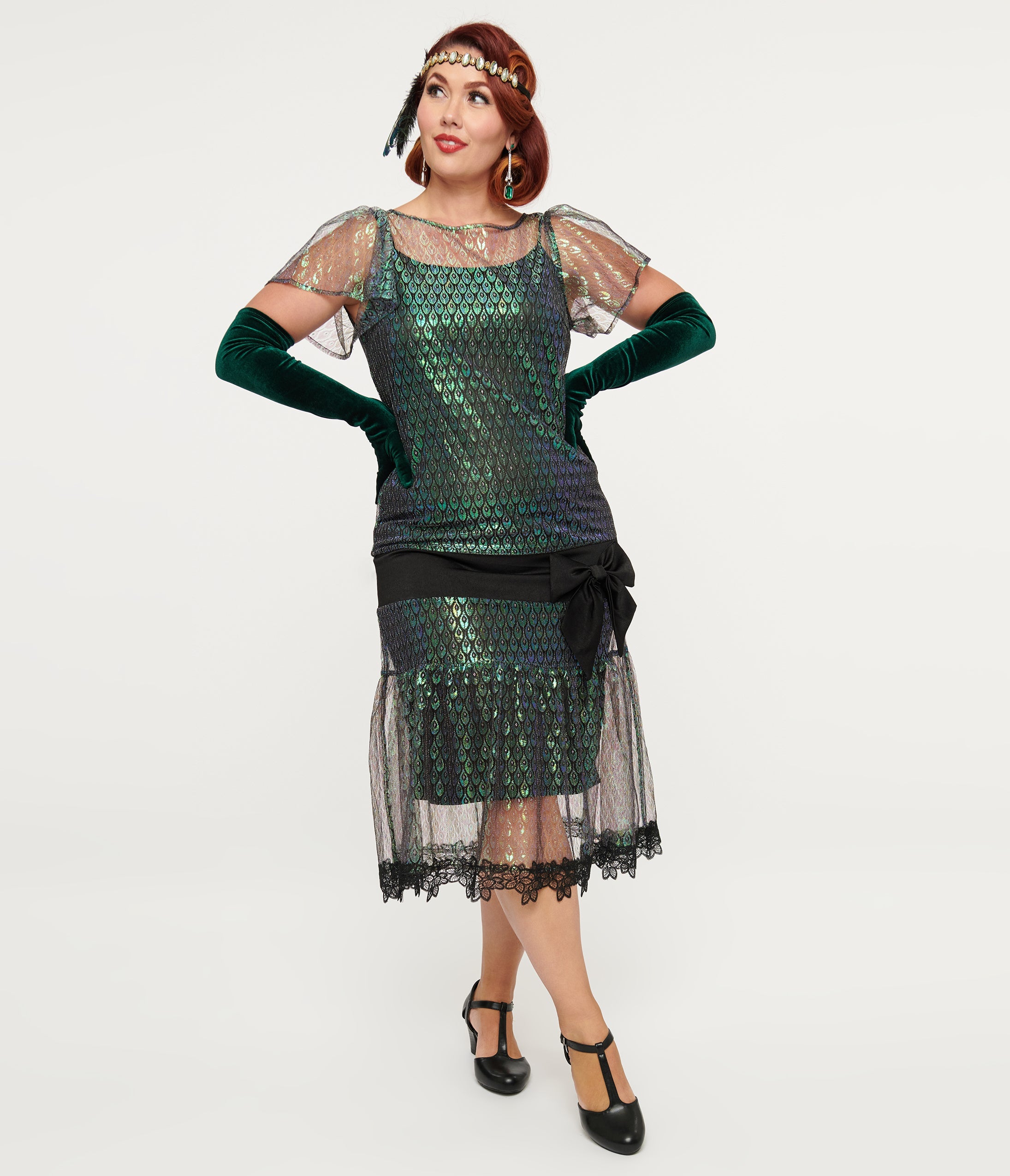 Vintage 1920s Iridescent Peacock Flapper Dress with Black Bow - Roaring 20s Gatsby Party Costume, Halloween Outfit & Burlesque Show Attire