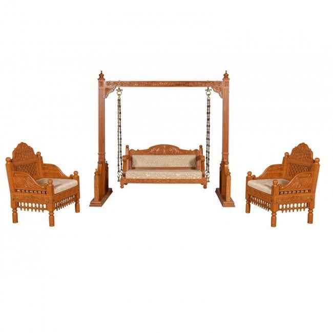 Hand Carved Jali Design Swing Daybed in Honey Brown - Perfect for Outdoor Patio, Garden, or Porch Relaxation