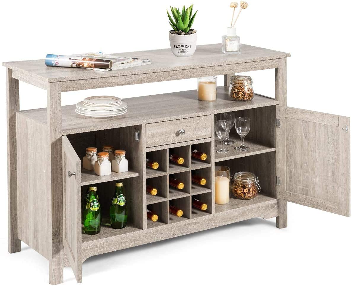 Farmhouse Buffet Sideboard with Wine Rack - Wooden Kitchen Organizer with 2 Cabinets, 1 Drawer & 9 Wine Slots - Rustic Dining Room Storage Cupboard & Server Table for Home, Restaurant & Bar Use