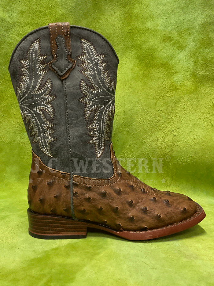 Roper 3378 Kids Faux Ostrich Western Boots for Boys & Girls - Navy & Brown Cowboy Boots - Perfect for Rodeo, Halloween Costume & Western Party Outfits