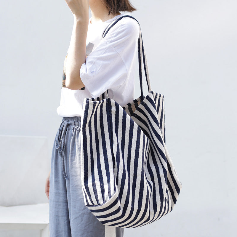 Stylish Striped Canvas Tote Bag for Women - Large Capacity Fashion Shoulder Bag - Durable Casual Shopping Tote - Perfect for Groceries, Beach Trips & Daily Essentials