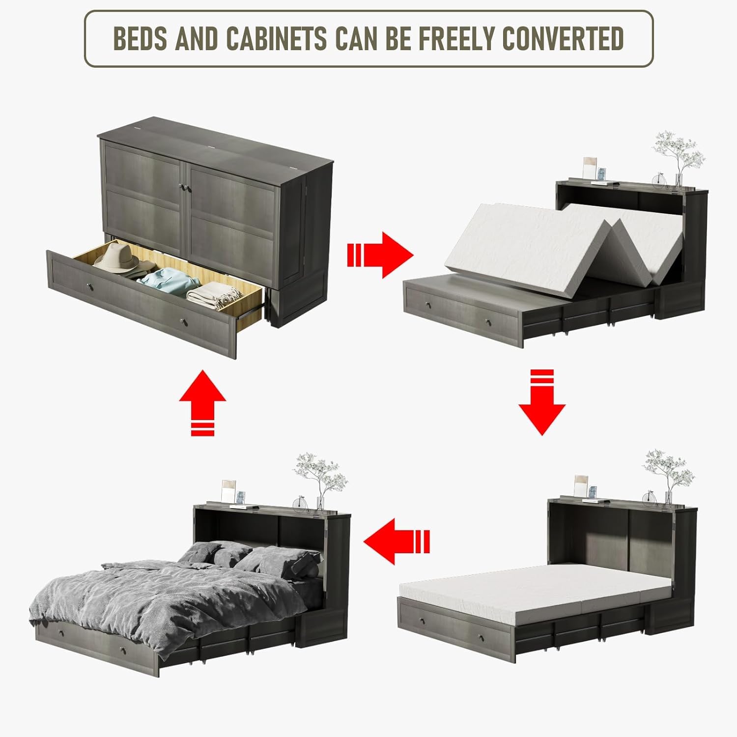 Queen Size Murphy Bed with Tri-Folding Mattress - Solid Pine Wood Wall Bed with Storage Drawer & USB Charging Port | Space-Saving Cabinet Bed for Small Apartments, Guest Rooms & Studio Living Spaces (Grey)
