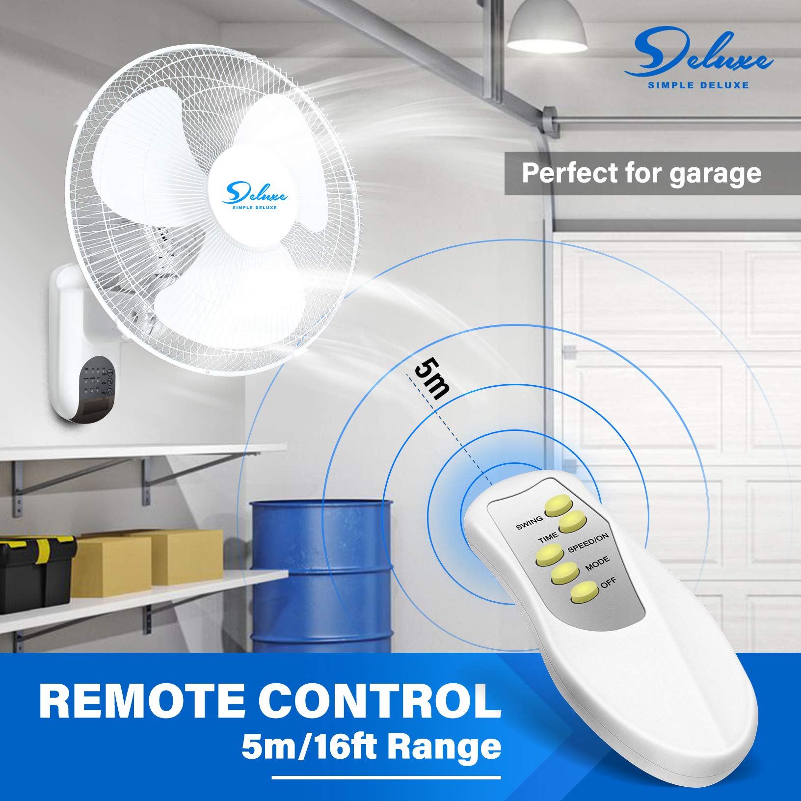 Simple Deluxe 16 Inch Wall Mount Fan with Remote Control - 3 Speed Settings, 3 Oscillation Modes & Timer - Ideal for Home, Office, Garage & Patio Cooling