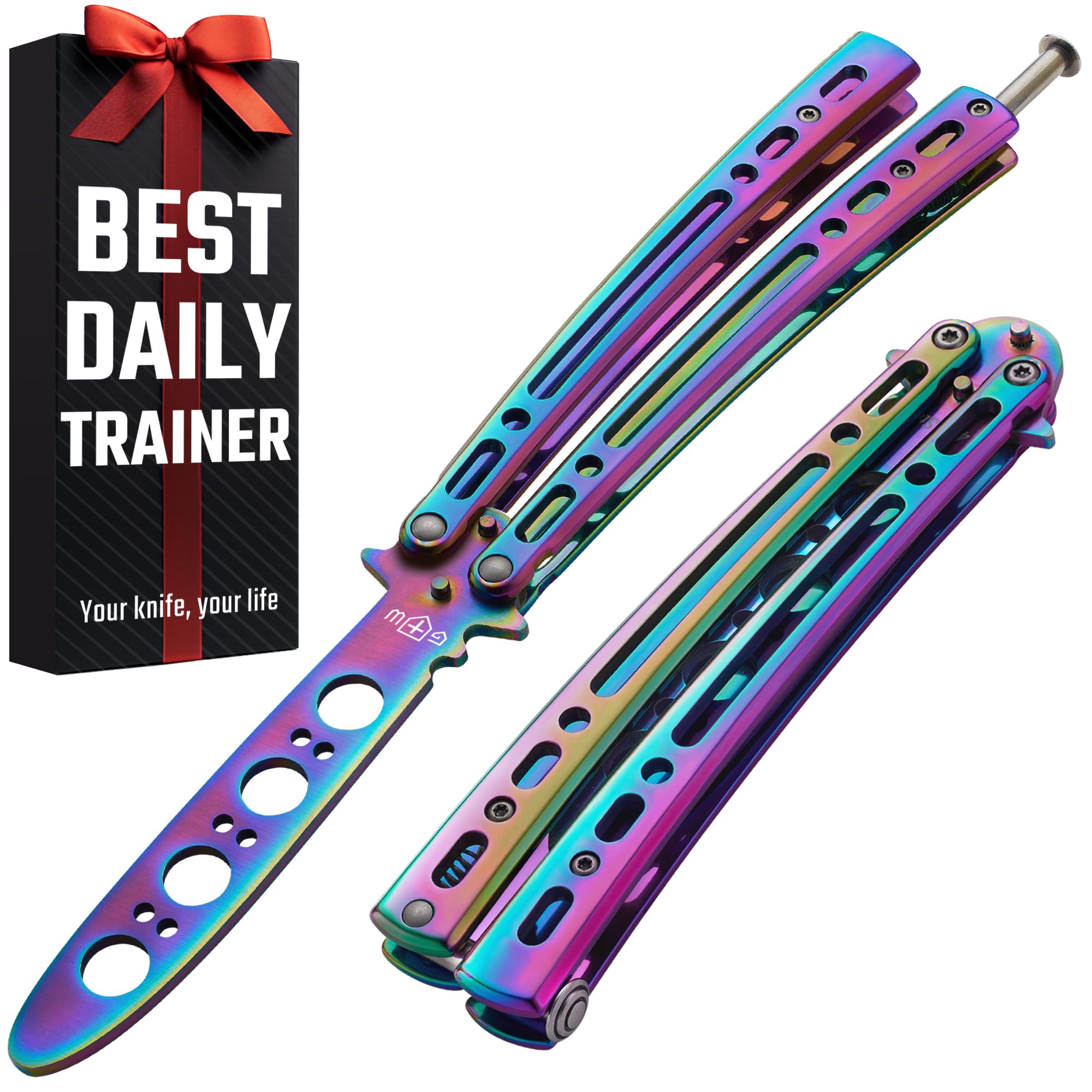 Balisong Trainer Knife - Non-Sharp Butterfly Practice Knife with Spring Latch - Stainless Steel Dull Blade Trick Toy for CSGO Fans & Fidget Stress Relief - Perfect for Beginners Learning Knife Tricks - Great for EDC, Skill Training & Anxiety Relief