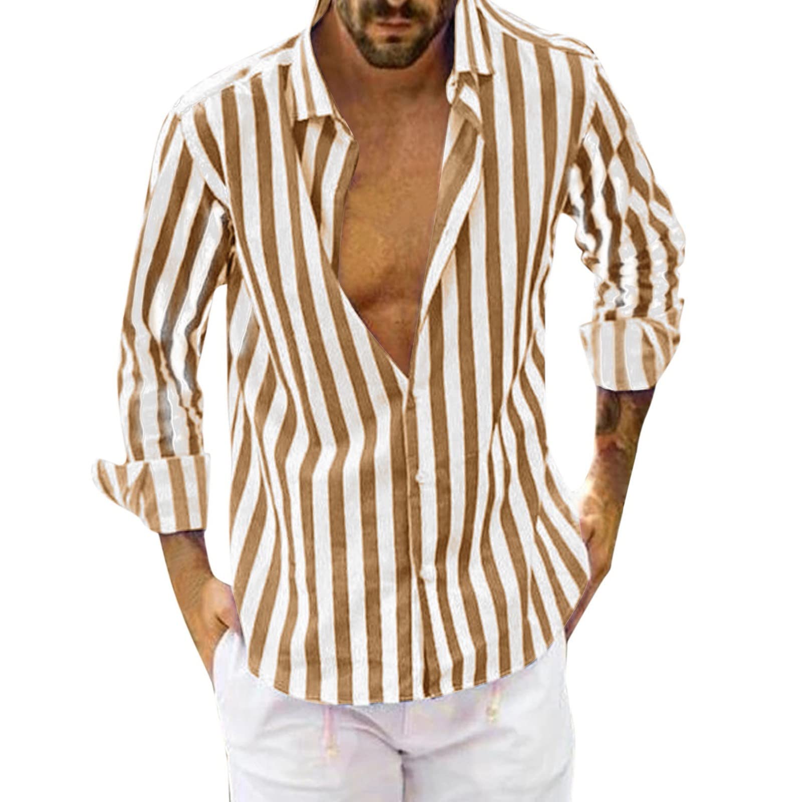 Men's Silk Striped Button-Up Shirt with Lapel Cardigan - Casual Long Sleeve Dress Shirt for Business, Office & Formal Occasions
