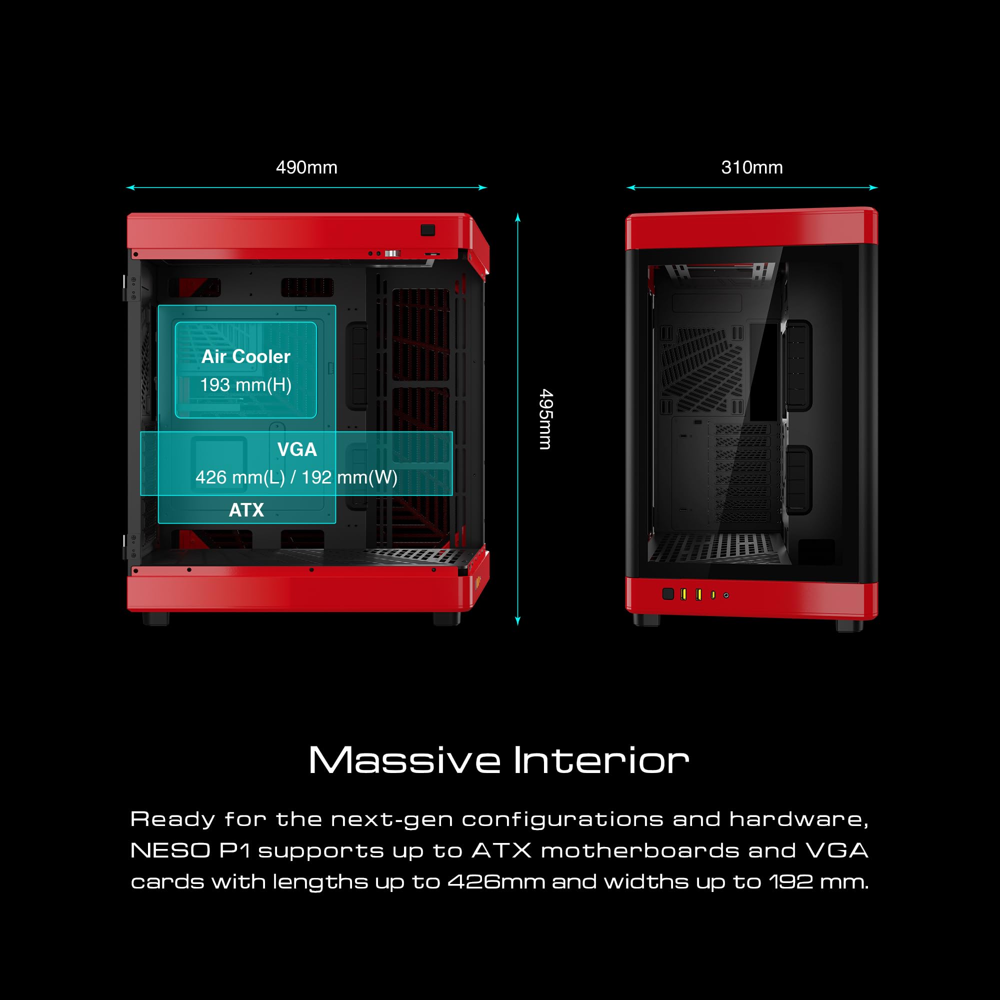 GAMDIAS NESO P1 Full Tower PC Gaming Case - EATX Support, Dual Chamber Design, Bidirectional Configuration, Tempered Glass Windows with Touch Opening - Red | Perfect for High-End Gaming Rigs & Custom PC Builds