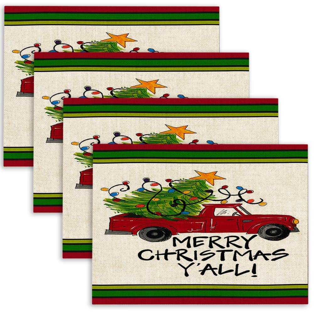 Jesmacti Christmas Placemats Set of 4 - 18x12 Inch Holiday Table Mats with Red Truck & Tree Design - Festive Dining Decor for Christmas Parties, Family Gatherings & Seasonal Home Styling