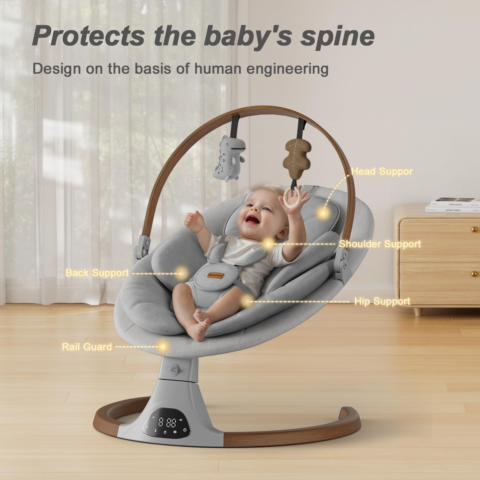 Monamii Bluetooth Baby Swing with Music Speaker - 5 Speed Adjustable, Remote Control, Portable Infant Swing for Indoor & Outdoor Use - Perfect for Nursery, Travel & Soothing Fussy Babies (Light Grey)