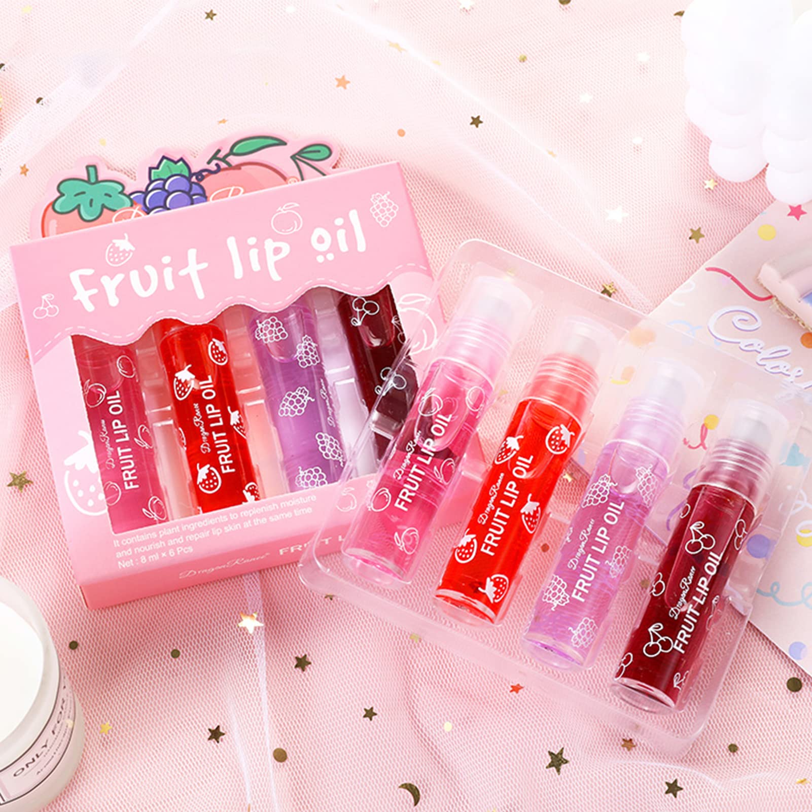 4 Pcs Fruit Lip Oil Set - Moisturizing Hydrating Lip Gloss, Crystal Jelly Liquid Lipstick, Non-Stick Cup & Long Lasting Lip Kit for Women & Girls - Perfect for Daily Wear, Date Night & Makeup Gifts