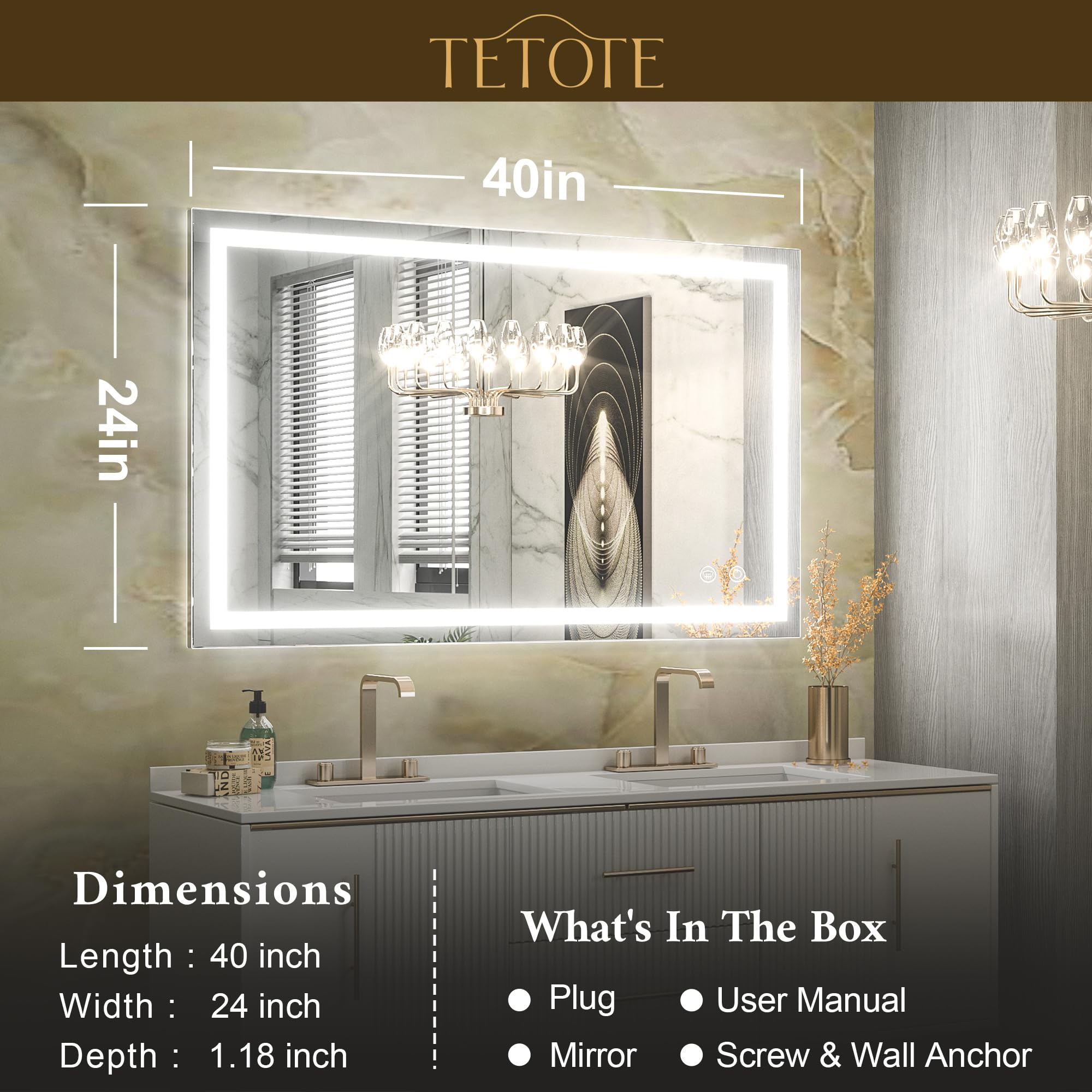 TETOTE 40 x 24 Inch LED Bathroom Mirror with Dimmable Lights - Anti-Fog, Waterproof Vanity Makeup Mirror with Tempered Glass - Perfect for Wall Mounted Bathroom Decor, Makeup Application & Shaving