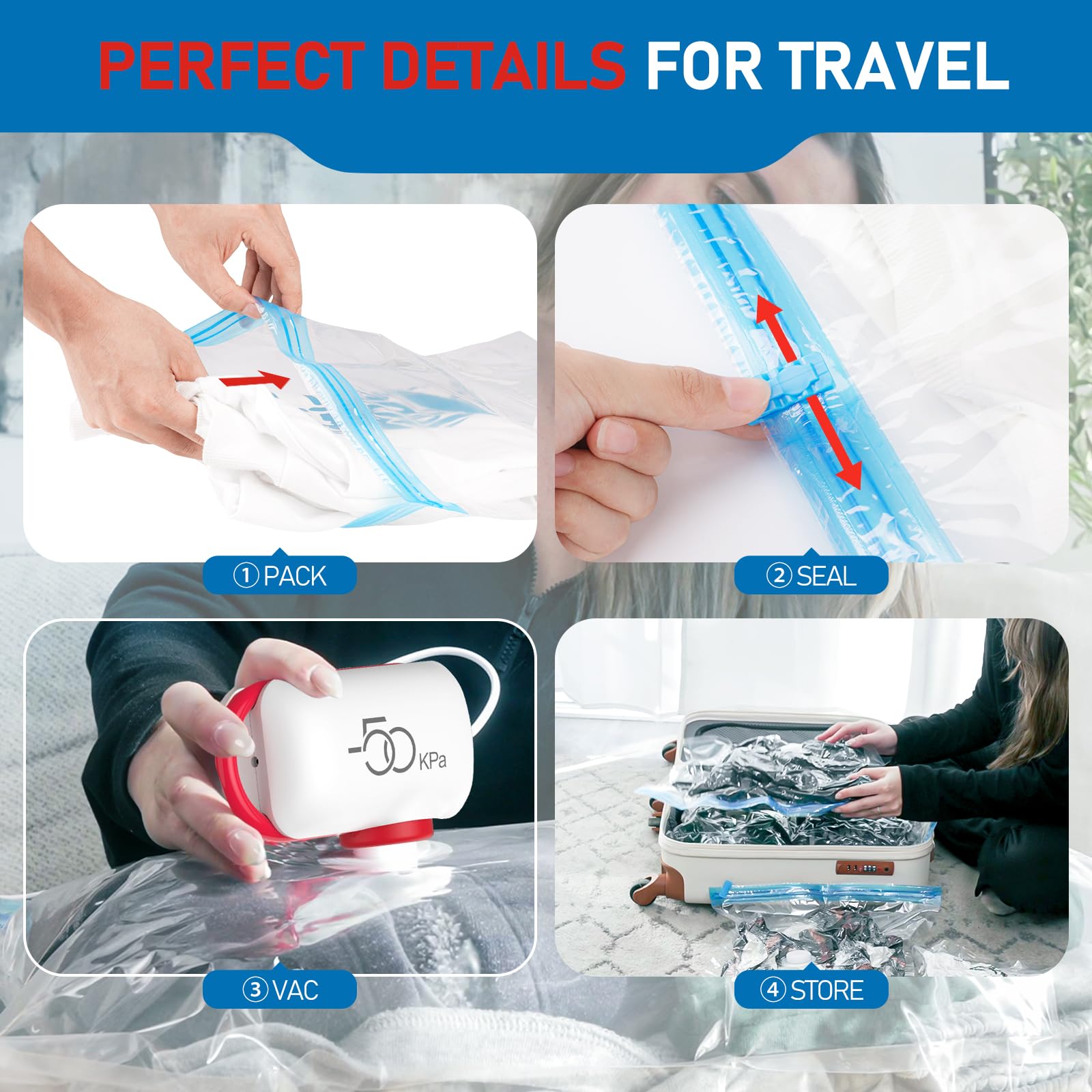 VMstr 15-Pack Travel Vacuum Storage Bags with Electric Pump | Space-Saving Compression Bags for Clothes, Blankets & Travel Packing | Perfect for Suitcases, Carry-Ons & Home Storage