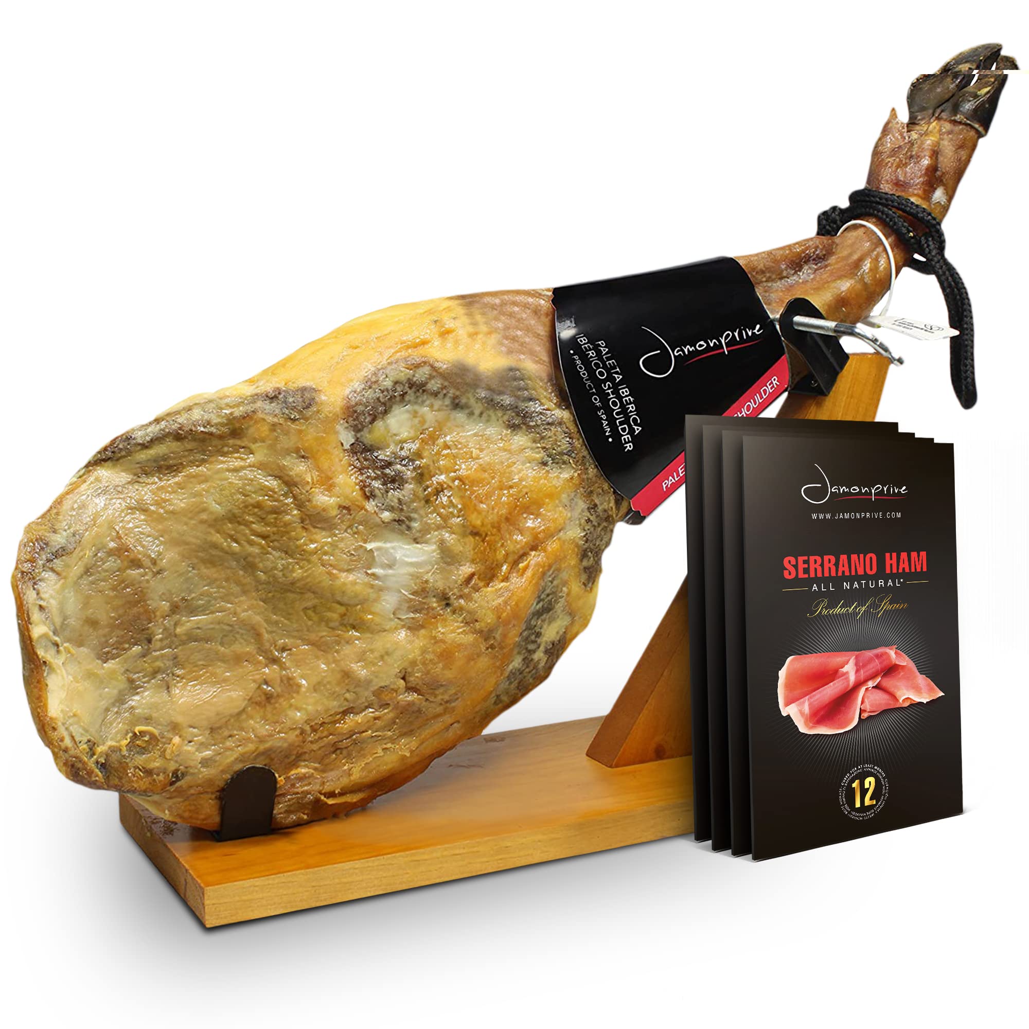 Premium Iberico Ham Shoulder - Grass-Fed, Bone-In (9.5-11lb) with Ham Stand & Knife + Spanish Serrano Ham Sliced Dry-Cured (12oz) | Nitrate-Free, All-Natural, GMO & Gluten-Free | Perfect for Charcuterie Boards, Tapas & Gourmet Gifts