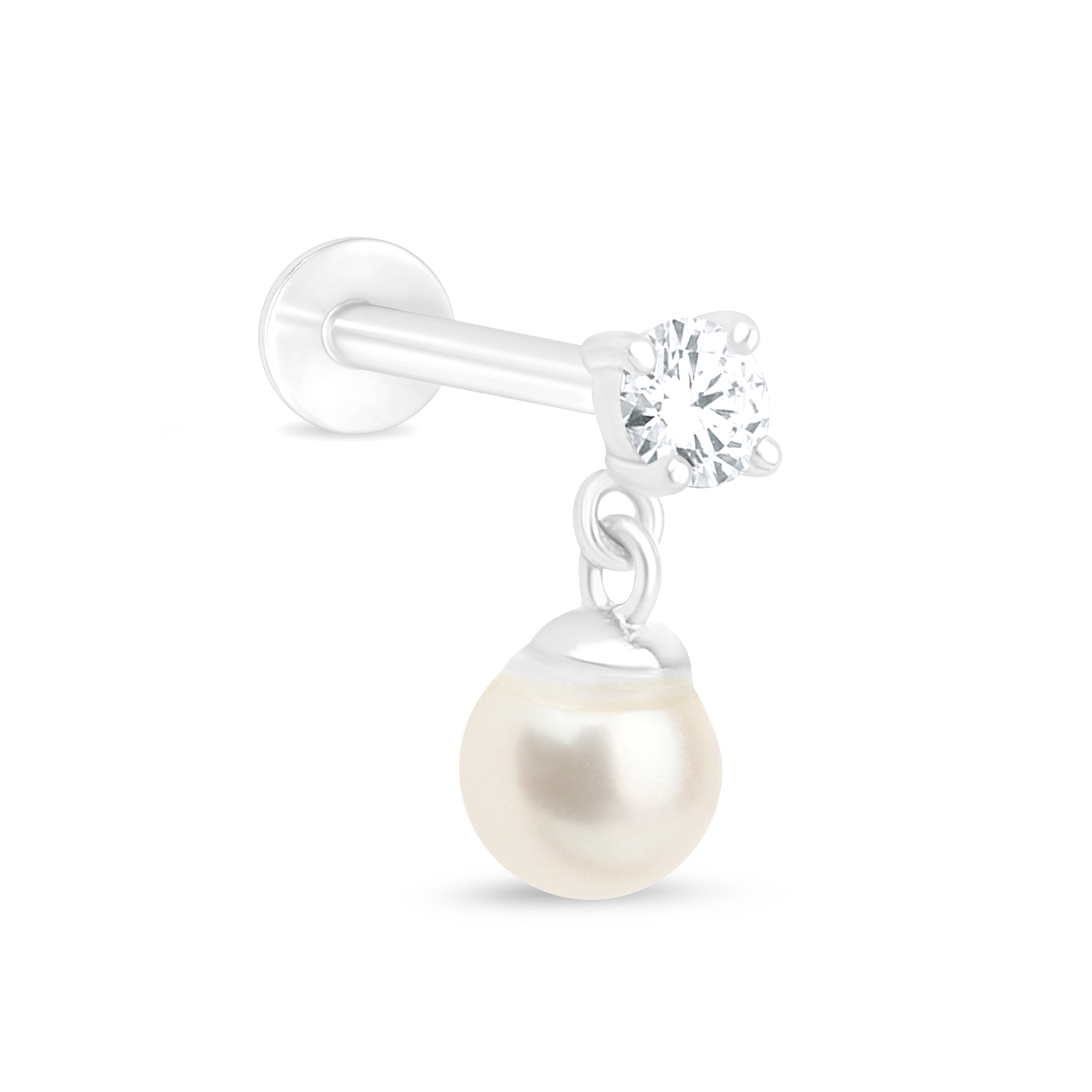 14k White Gold Diamond & Pearl Drop Stud Earrings - Elegant Flat Back Design for Women, Perfect for Weddings, Parties & Everyday Wear