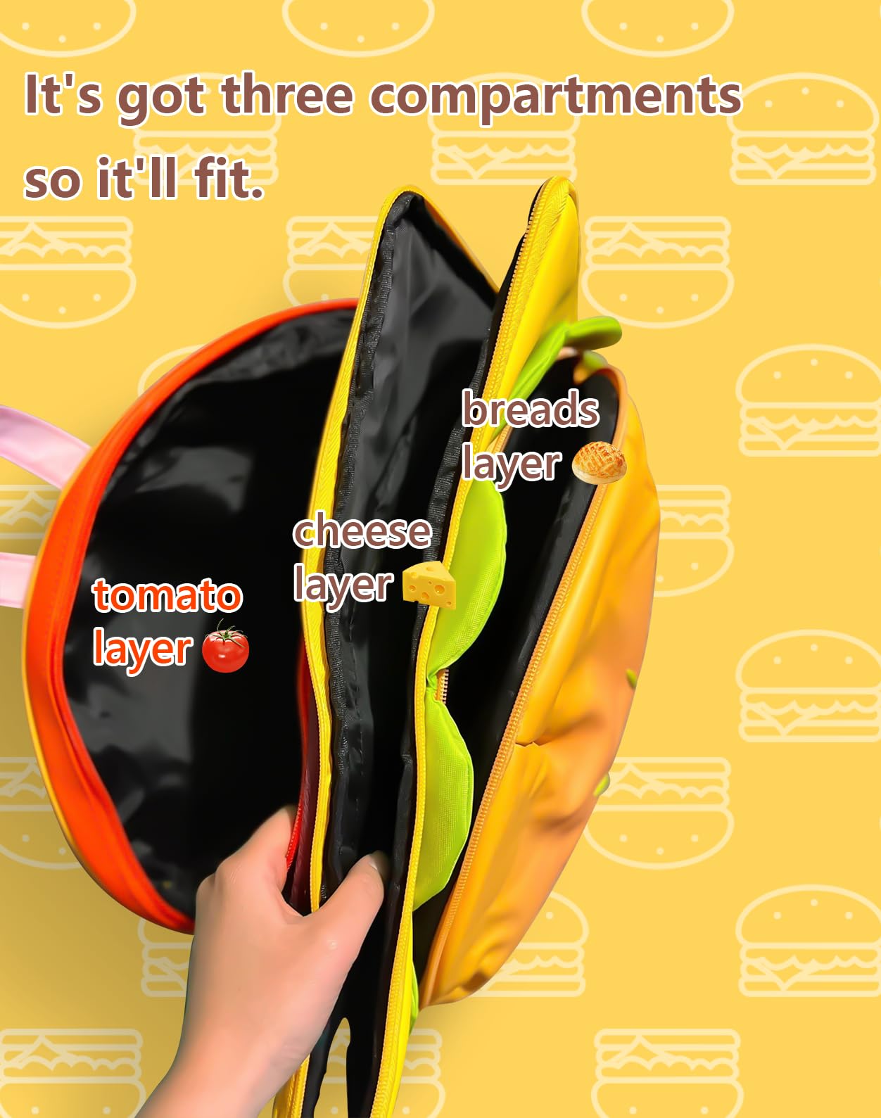 Funny Cheeseburger Backpack - Yellow Universe Hamburger Daypack with Multiple Compartments | Cute Novelty School Bag for Teens, Unique Christmas Gift for Burger Lovers