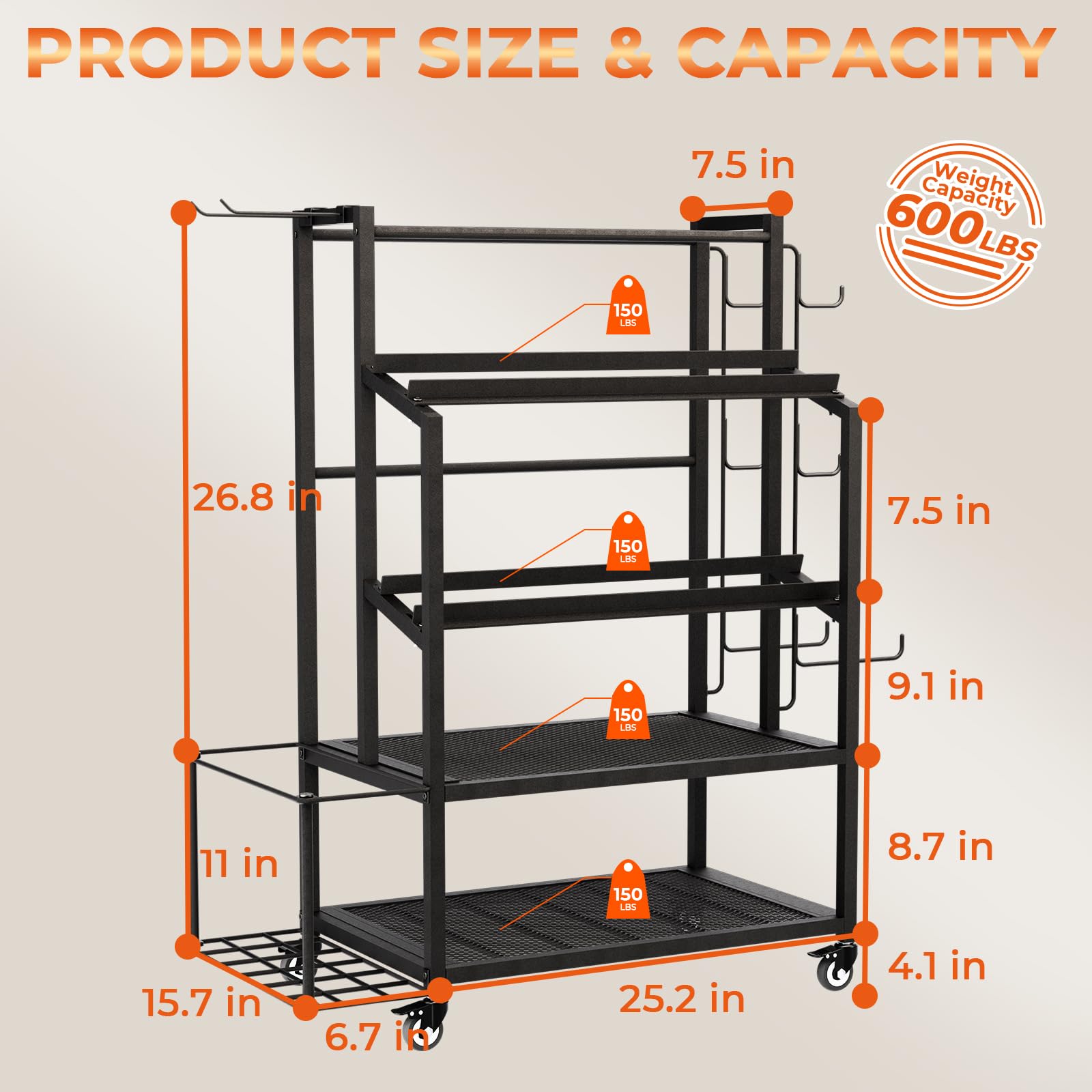 Bonvork 600LBS Adjustable Dumbbell Rack with Wheels - Heavy Duty Weight Stand for Home Gym, Organizer for Dumbbells, Kettlebells, Yoga Mats & Foam Rollers - Perfect for Garage, Basement & Home Workout Spaces