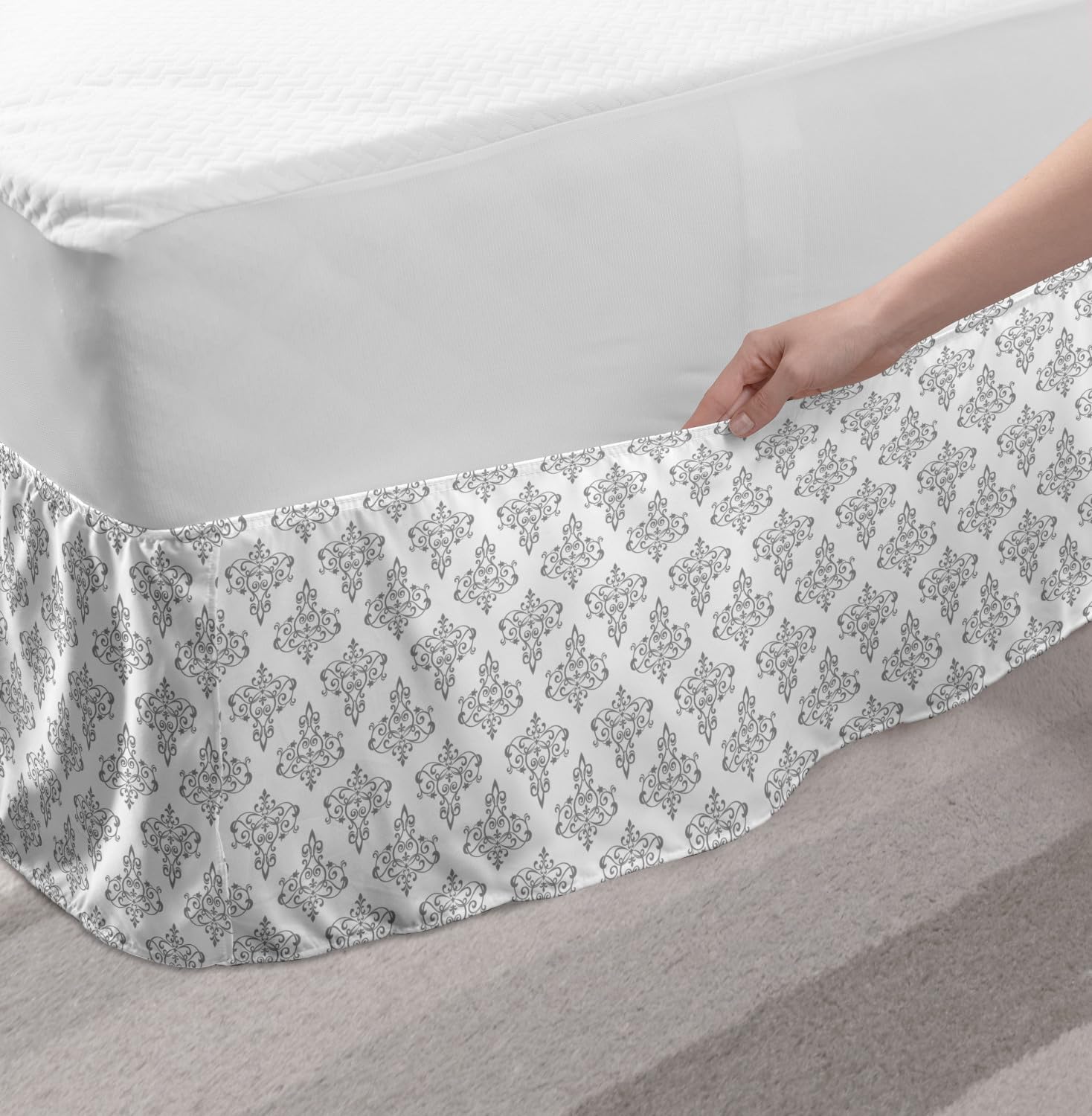 Ambesonne Abstract Elastic Bed Skirt - Modern Chandelier Damask Print Dust Ruffle for Twin/Twin XL Beds, White & Pale Grey | Perfect for Contemporary Bedroom Decor & Guest Room Styling