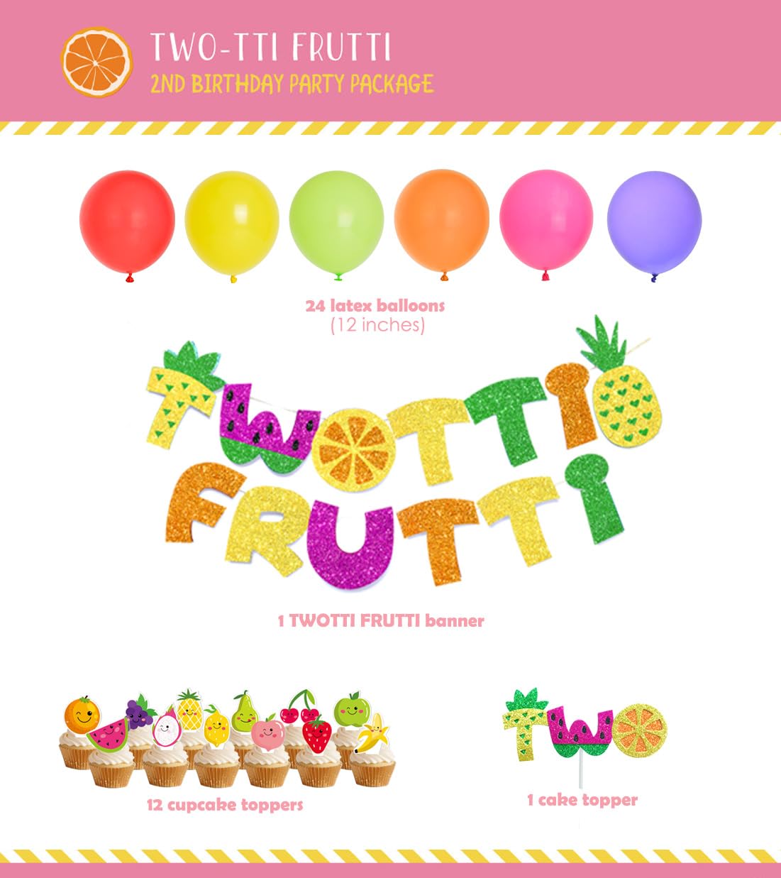 Tutti Frutti Birthday Decorations Set - 2nd Birthday Banner, Cake Topper & Fruit Balloons for Girls Boys Party Supplies | Perfect for Tropical Themed Birthday Parties, Baby Showers & Summer Celebrations