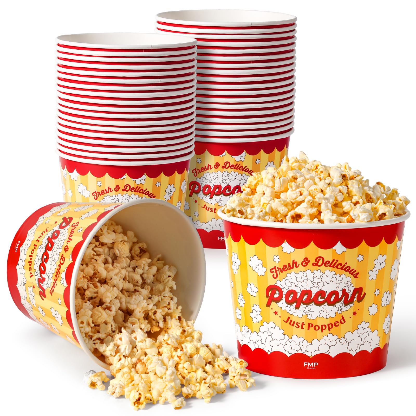 150 Pack 85oz Disposable Popcorn Buckets - Grease Resistant Classic Paper Popcorn Bowls for Machine, Home Theater, Movie Night & Carnival Events (Fit Meal Prep)