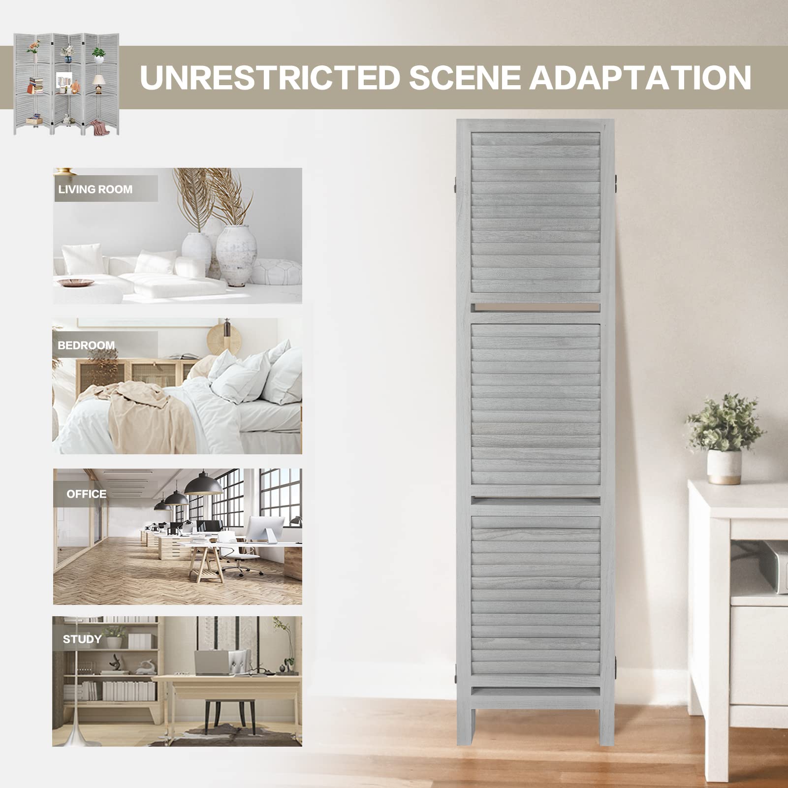 ECOMEX 6-Panel Room Divider with Shelves - White Folding Privacy Screen & Freestanding Partition for Home Office, Studio Apartment | Space-Saving Temporary Wall for Room Separation & Organization