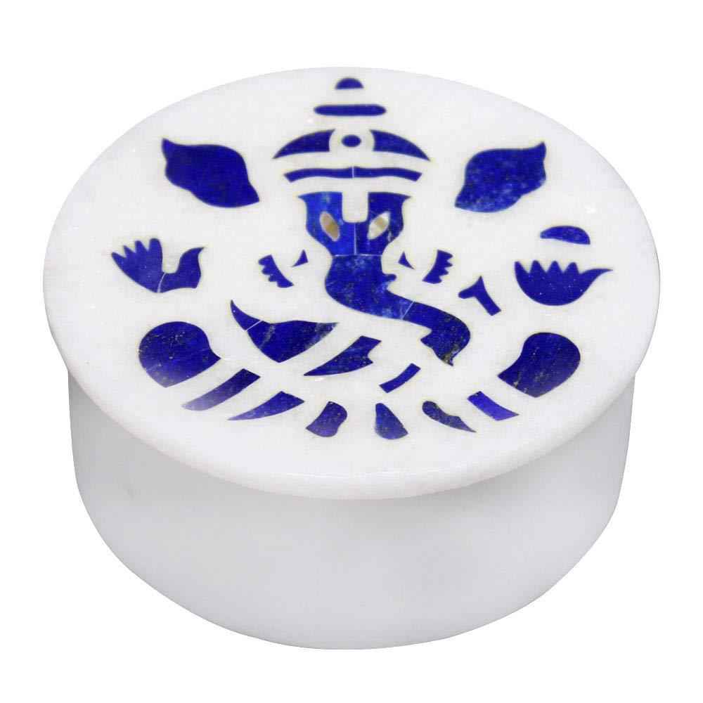 Exquisite Queenza Marble Jewelry Box with Lapis Lazuli Inlay - Lord Ganesha Art Design - 4 Inch Round Jewelry Organizer - Perfect Gift for Women & Girls (Valentine's Day, Birthday, Anniversary) - Ideal for Home Decor, Dresser Top & Travel Accessories