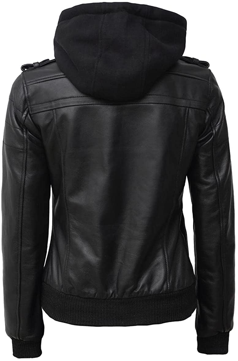 Women's Black Leather Bomber Jacket with Removable Hood - Stylish & Versatile Outerwear for Casual, Work & Night Out (Large)