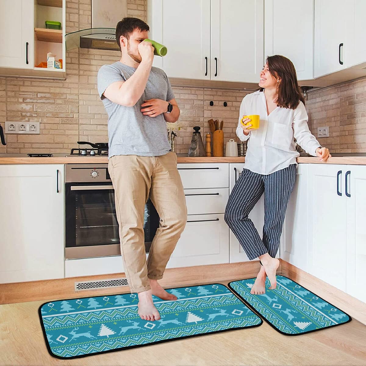 Non-Slip Washable Christmas Reindeer Squirrel Kitchen Rugs Set of 2 - Holiday Home Decor for Sink, Laundry & Floor | Perfect for Festive Kitchen Decorations & Cozy Winter Gatherings
