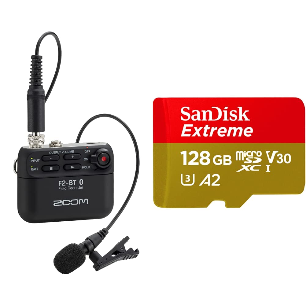 Zoom F2-BT Digital Multitrack Recorder with SanDisk 128GB Extreme microSDXC UHS-I Card - 160MB/s, 4K UHD, C10, U3, V30, A2 - Perfect for Field Recording, Podcasting & Music Production