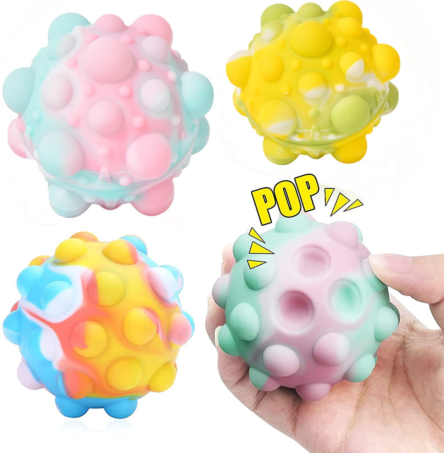 BIECHOUWO Pop Stress Balls - 3D Silicone Fidget Sensory Toys for Anxiety Relief, Push Pop Bubble Decompression Squeeze Ball (4 Pack) - Perfect for Office, Classroom & ADHD Focus