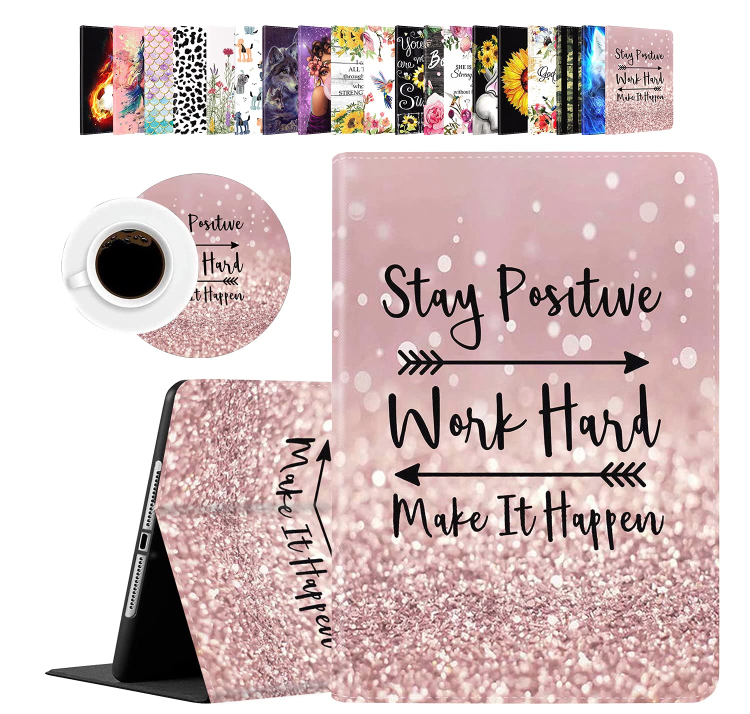 Premium Shockproof Case for iPad 10.2 (8th Gen 2020/7th Gen 2019) & iPad Air/Pro 10.5 (2019) with Inspirational Coasters Set - Rose Gold Rainbow Glitter Design | Perfect for Office, Study & Travel Protection