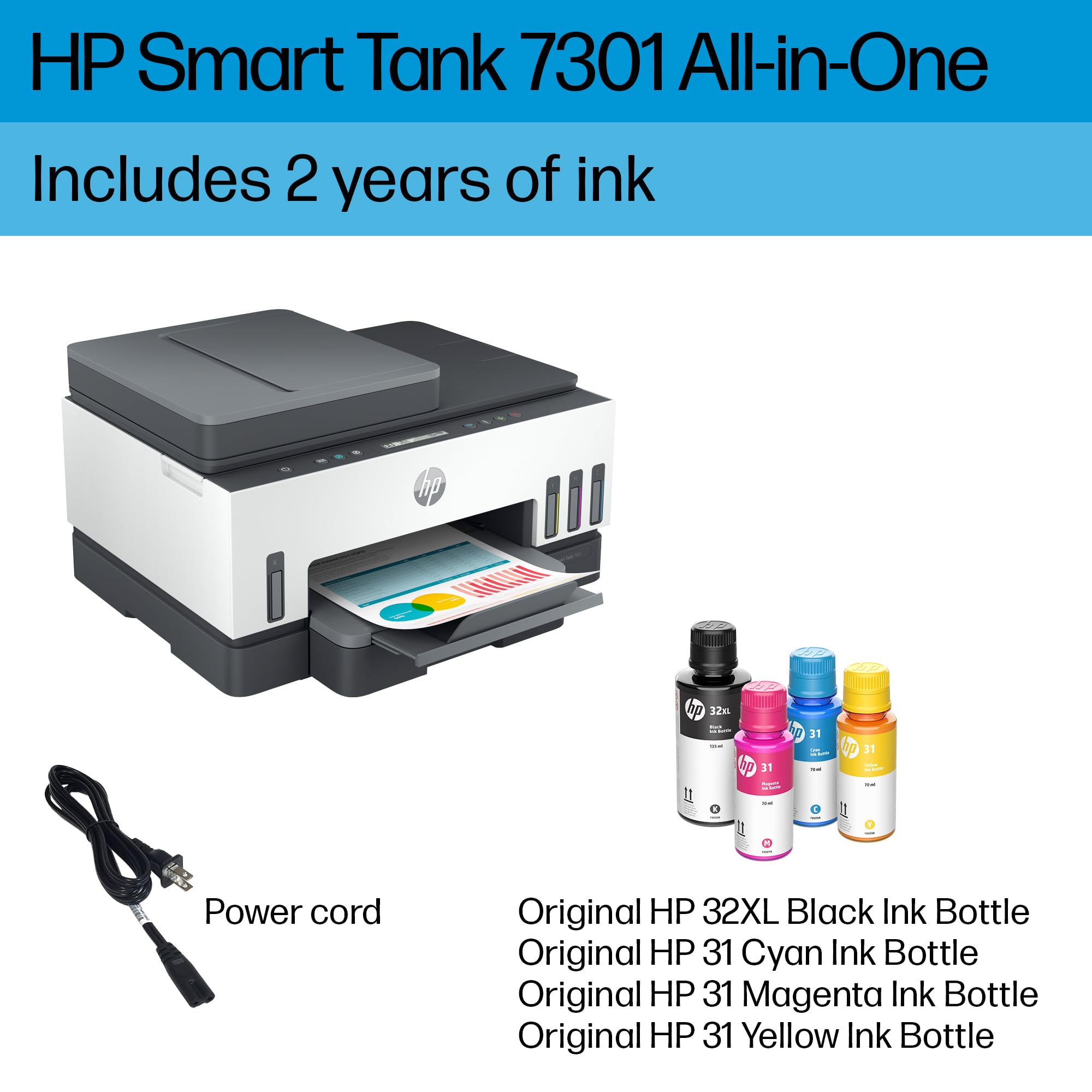 HP Smart-Tank 7301 Wireless All-in-One Inkjet Printer with 2 Years of Ink Supply - Mobile Printing, Scanning, Copying, Auto Document Feeder (28B70A, Gray) - Ideal for Home Office, Small Business & Remote Work