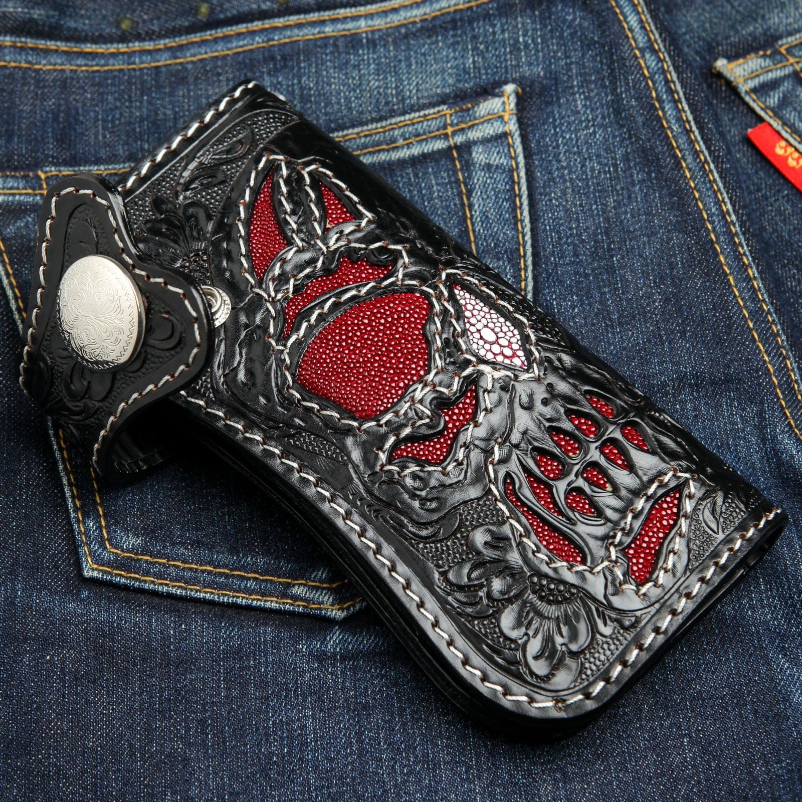 Black Phantom Skull Genuine Leather Biker Wallet for Men - Premium Motorcycle Rider Wallet with Chain - Perfect for Bikers, Gift for Motorcycle Enthusiasts