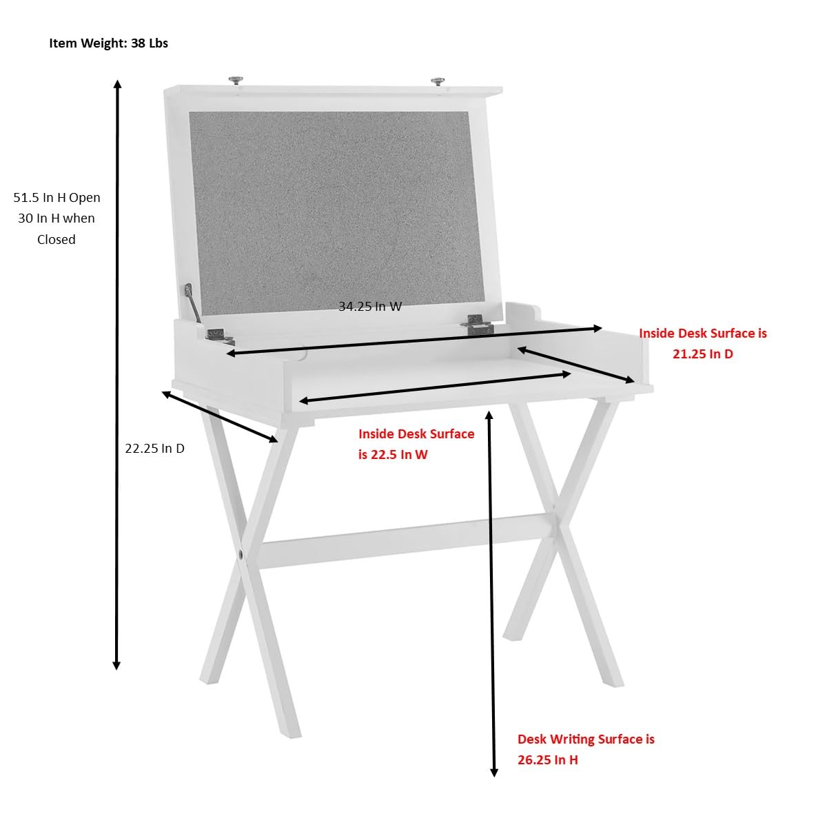 Antique White Flip Top Cork Board Desk for Home Office