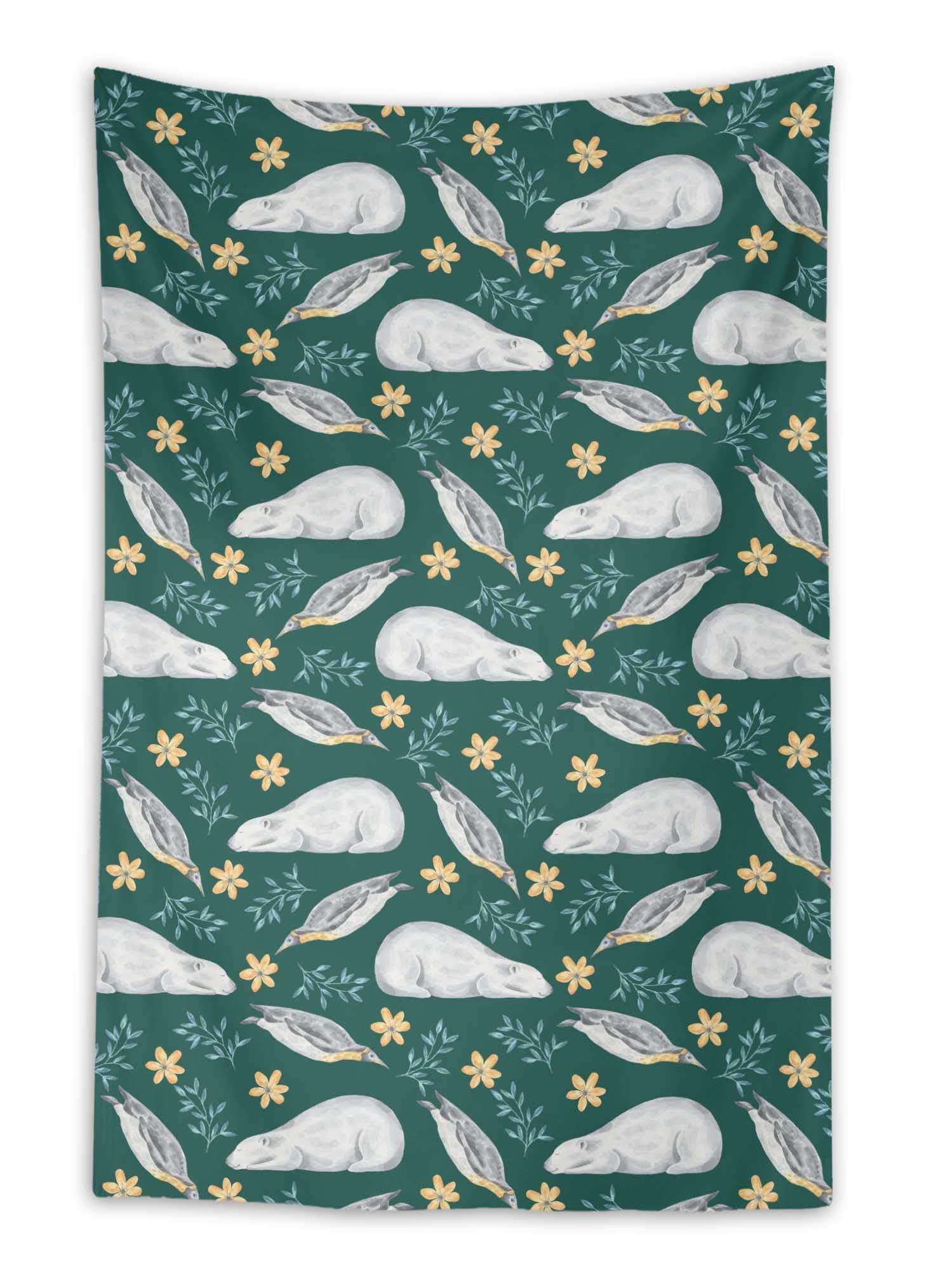 Green Penguin Bear Floral Wall Hanging Tapestry - 58x58 Inch Boho Home Decor for Living Room, Bedroom & Dorm - Printed Indian Cotton Fabric Wall Art