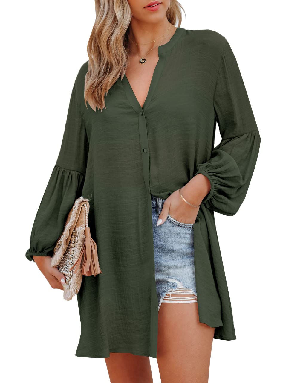 Women's Summer Beach Cover Up - Puff Sleeve V-Neck Button Down Shirt for Swimwear, Pool Party & Vacation Outfits | Lightweight Sun Protection & Stylish Swim Cover Dress