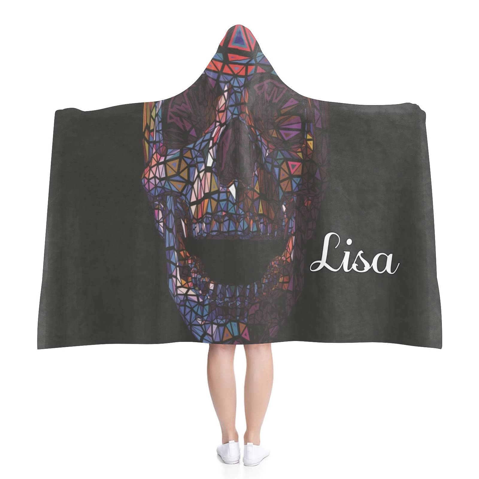 Personalized Hoodie Blanket with Colorful Cute Skull Design - Custom Name Wearable Throw Blanket Cape Wrap for Kids & Adults - Cozy Gift for Home, Lounge, Camping & Outdoor Activities