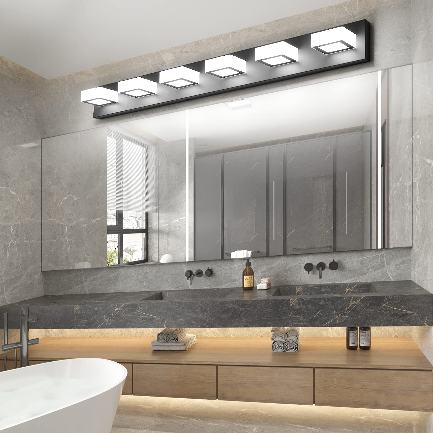 Ralbay 6-Light Modern Matte Black Bathroom Vanity Light Fixture - Acrylic LED Vanity Lighting with 4500K Neutral White - Perfect for Bathroom, Powder Room & Dressing Area Makeup Mirror Lighting