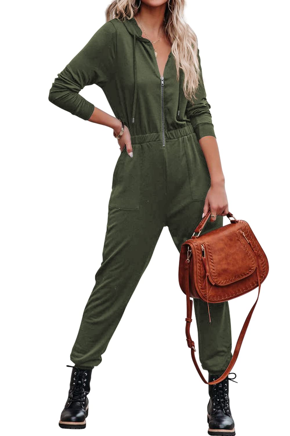 ReachMe Women's Long Sleeve Off Shoulder Jumpsuit with Pockets - Stretchy Elastic Waist Romper One Piece Jumper - Perfect for Casual Outings, Date Nights & Vacations
