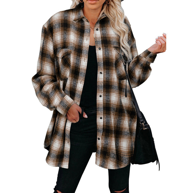 Women's Plaid Shirt Spring Loose Fit Mid-Length Blouse with Turndown Collar - Casual Outfit for Work, Dating & Everyday Wear